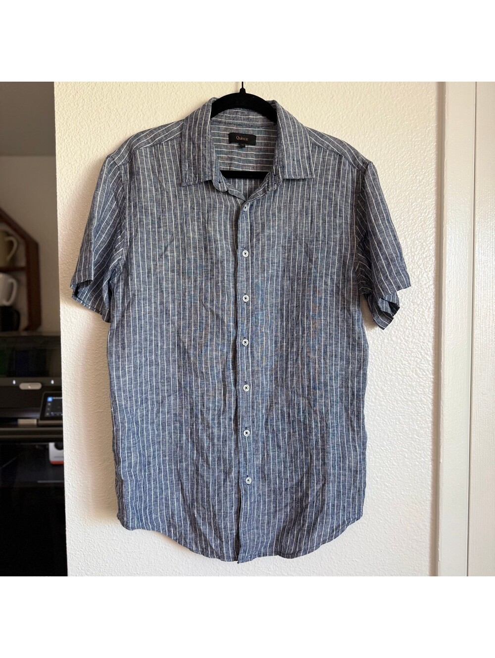Quince Mens M 100% European Linen Shirt Chambray Stripe Short Sleeve